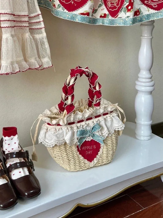 レッドハートアップリケコテージコアストローバッグ