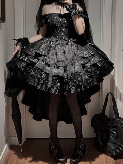 Jacquard Waist Blooming Lolita Basque Flower Accents Lace Hime Black Layered Fluffy Dress with