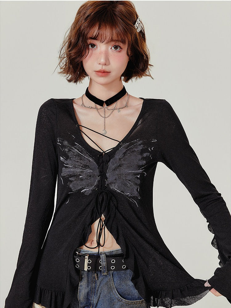 Black Butterfly Print Long Sleeve V-neck Knit Cardigan with Inner Top - Girlyhalo
