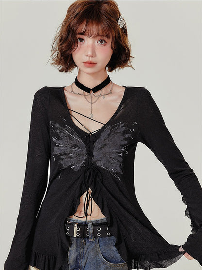 Black Butterfly Print Long Sleeve V-neck Knit Cardigan with Inner Top - Girlyhalo