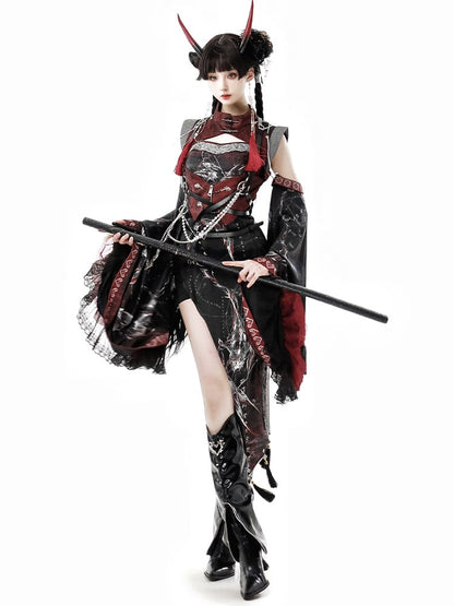 Dress Chest Vest Red - Corset cutout Asymmetrical with Black