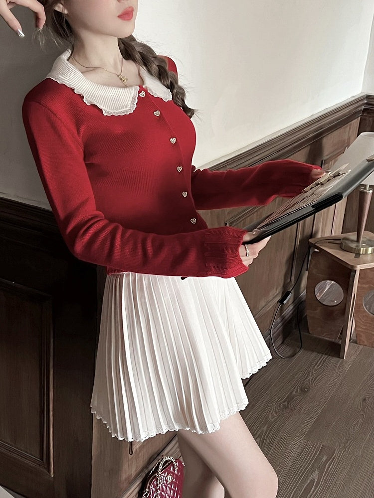 Red Knit Peter Pan Collar Cardigan with Lace - Qchiwawameme