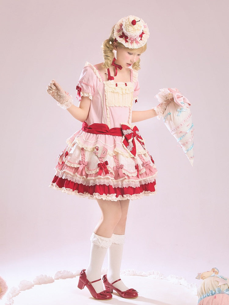 and Bowknot Red Dress Lolita Sweet Pink Hem Dropped Layered Waist Details
