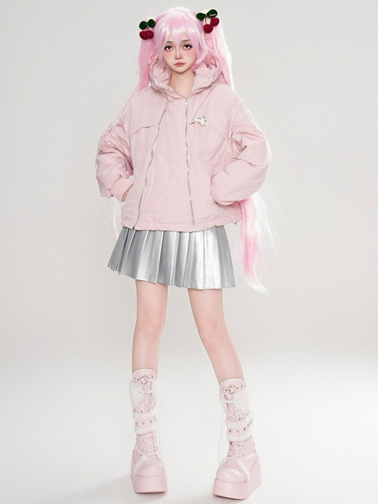 Black/Pink Zips Cat Ears Hood Thick Zip Hoodie