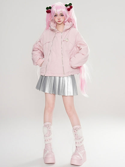 Black/Pink Zips Cat Ears Hood Thick Zip Hoodie