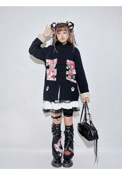 Black Cartoon Anime Banded Collar Oversized Top