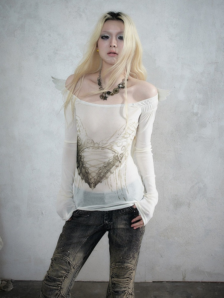 Off-White Heart Print Off-Shoulder Long Sleeve Flocked Knit Top with Back Cutout & Wing Decoration - NO ROMANCE