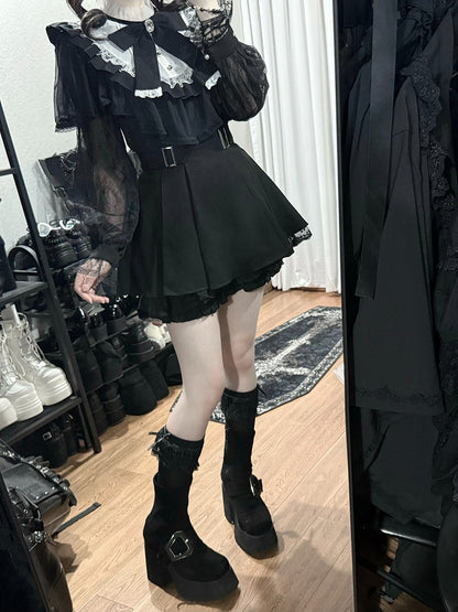 Black Cape Design Long Sleeve Dress with Lace and Shorts Set - Faded Dolls