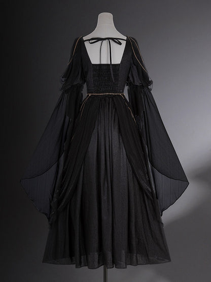 Embroidery Flowing and Sleeves Dress Black Golden Lolita Greek-inspired Chain Accents with