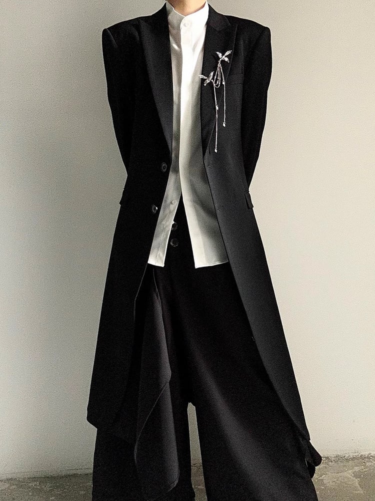 Black Structured Long Trench Coat with Notch Lapel