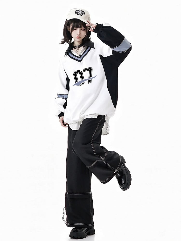 Front Sweatshirt with White Bow V-Neck Numeric Design Regular/Back Baseball-Style