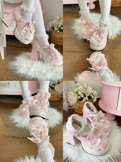 Accents Lolita Decor Pink Decorative Heart Heel Snap in Bow Sweet PU Strawberry Janes Block High Mary