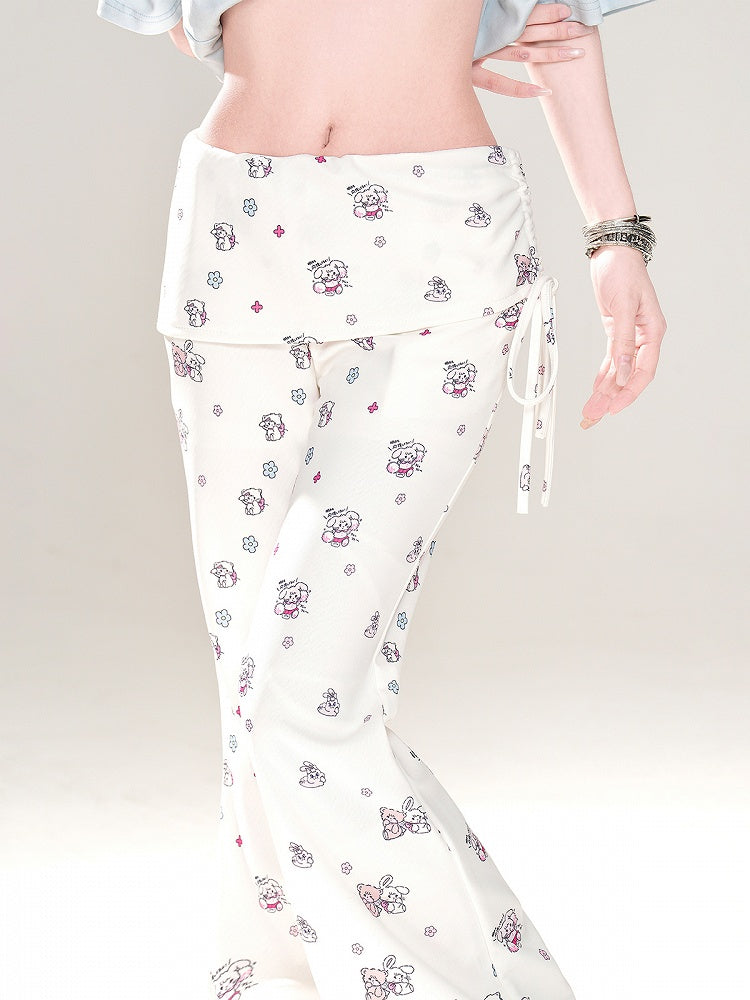 Adorable Bear and Bunny Print Drawstring Design Side White Glamorous Flared Pants