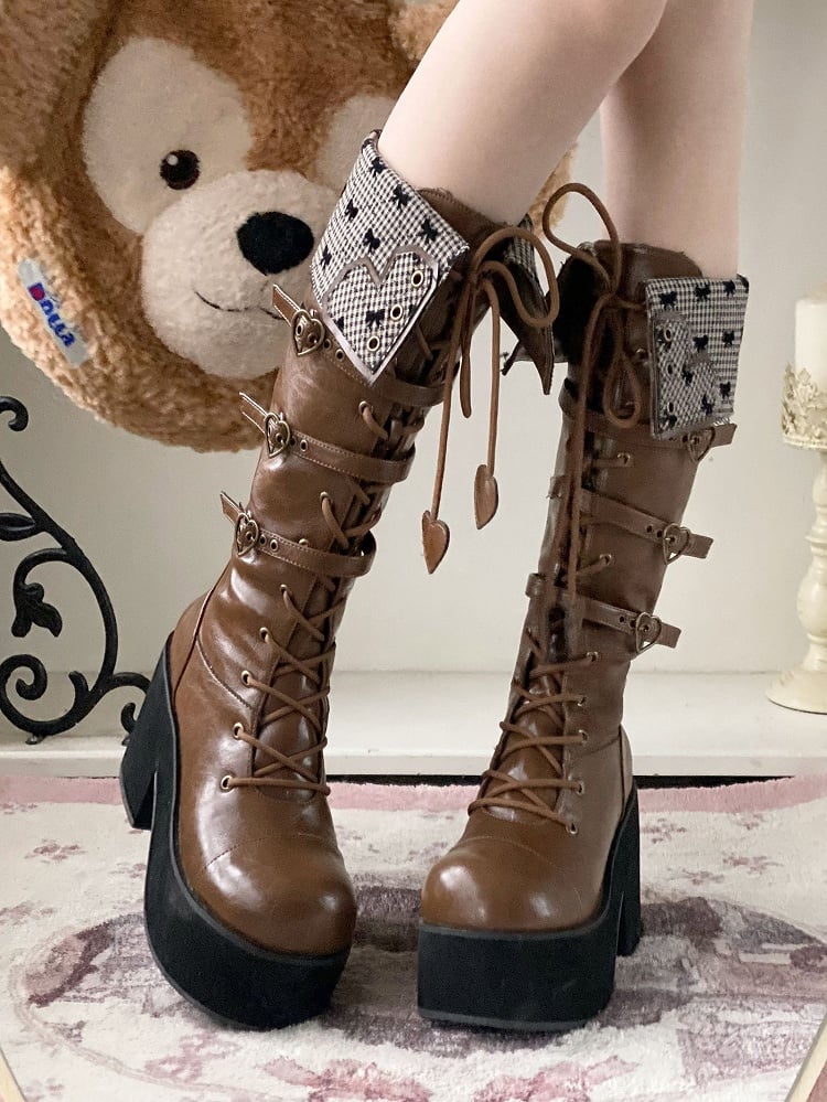Cuff Heel Caramel Platform Fold-over Boots Block