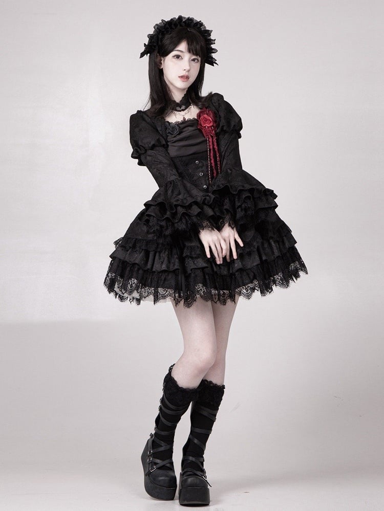 Lagenrock mit Kordelzug Schwarz Vampir Detail Lolita Gothic