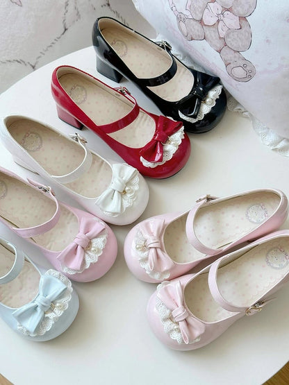Bead - White Sweet Mid-heel Shoes -Toe Round Bow Lolita Mary Charm on Jane Top