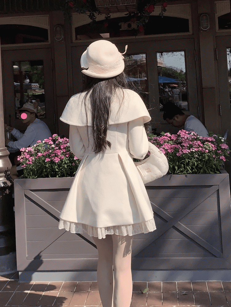 Button Jirai Cape Double-Breasted Front White Kei Pure Dress with Wool