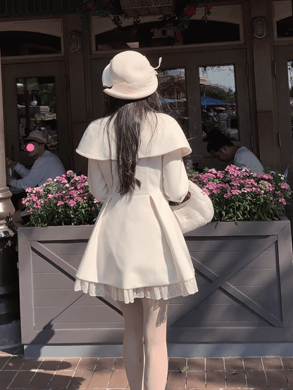 Button Jirai Cape Double-Breasted Front White Kei Pure Dress with Wool