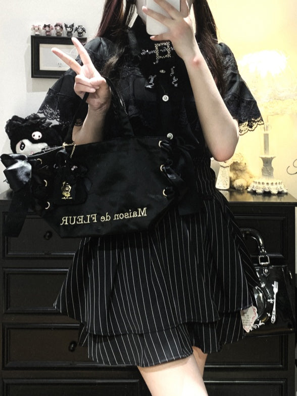 ジライケイ ブラック/ホワイト/ブラックホワイト レースケープデザイン 半袖ブラウス