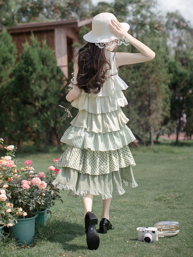 Rüschen gestuft mit Mori Kei Grün Patchwork Ärmelloses Kleid