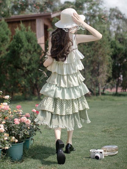 Rüschen gestuft mit Mori Kei Grün Patchwork Ärmelloses Kleid