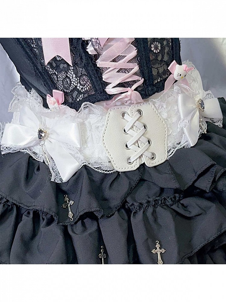 Lace Trim Belt Bow Decoration - Peach Captain