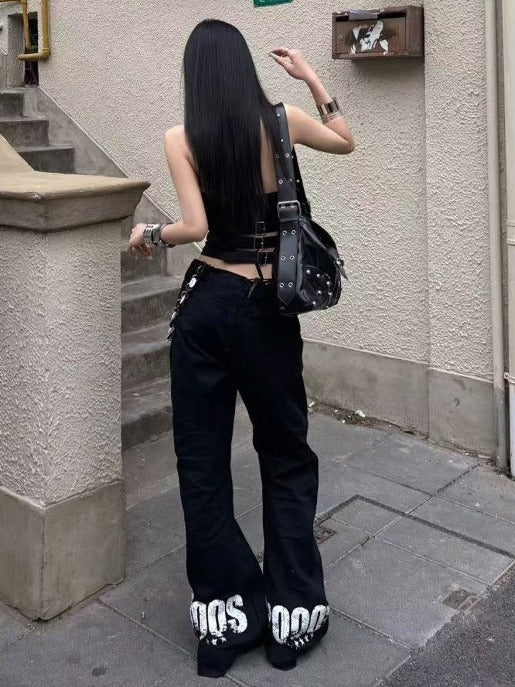 Black Cross Letter Print Curved Leg Canvas Punk Pants - DETW OnLine