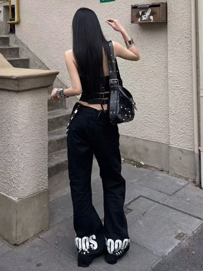 Black Cross Letter Print Curved Leg Canvas Punk Pants - DETW OnLine