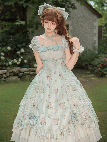 Floral Print Square Neck Dress with Bow Accents - With PUJI