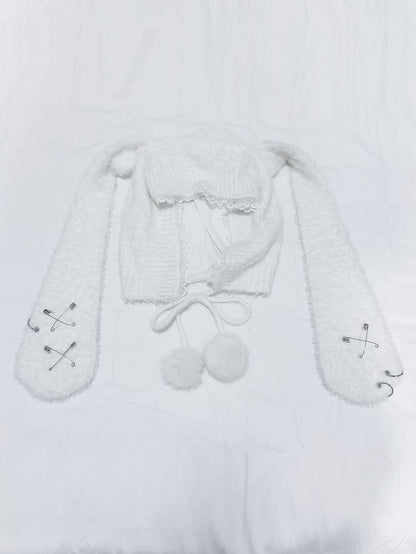 Bunny Ears Plush Hat with Self-tie Pompon Straps and Pin Details White
