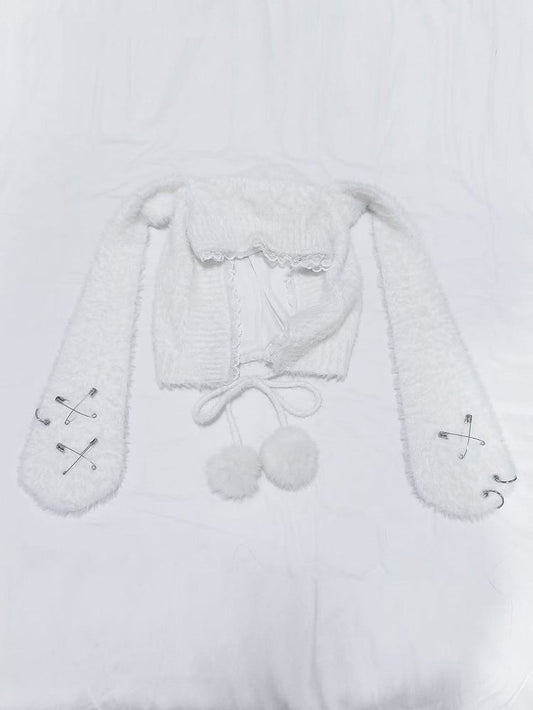 Bunny Ears Plush Hat with Self-tie Pompon Straps and Pin Details White