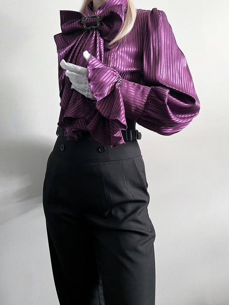 Purple Ouji Lolita Long-Sleeve Blouse with Jabot & Bowtie - Muguang Galaxy Original