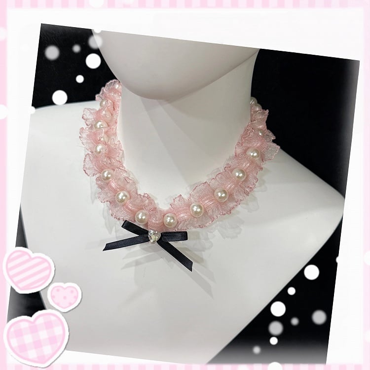 Necklaces - Pink Styles Rhinestone / Bow Pearl Lace with Two Accents Black