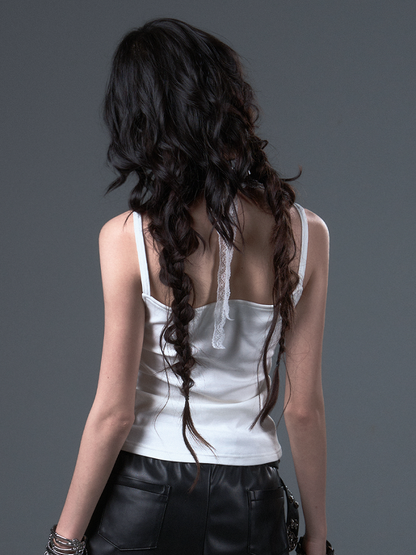 White Punk Star Graffiti Cami with Lace  Studded Cross Top