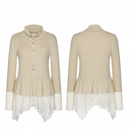 with Apricot Ruffled Design Hem Top Patchwork Knit