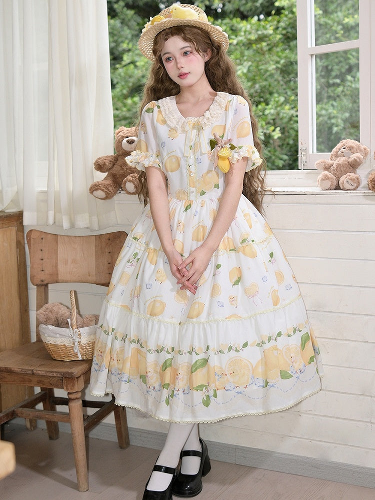 Chick Sleeves for Short Summer White Lolita Dress Print and Lemon Spring