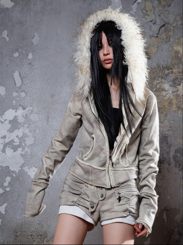 Punk Collar Cotton Fur Grayish Jacket Apricot Distressed Faux with Detachable Hoodie Lining/Regular