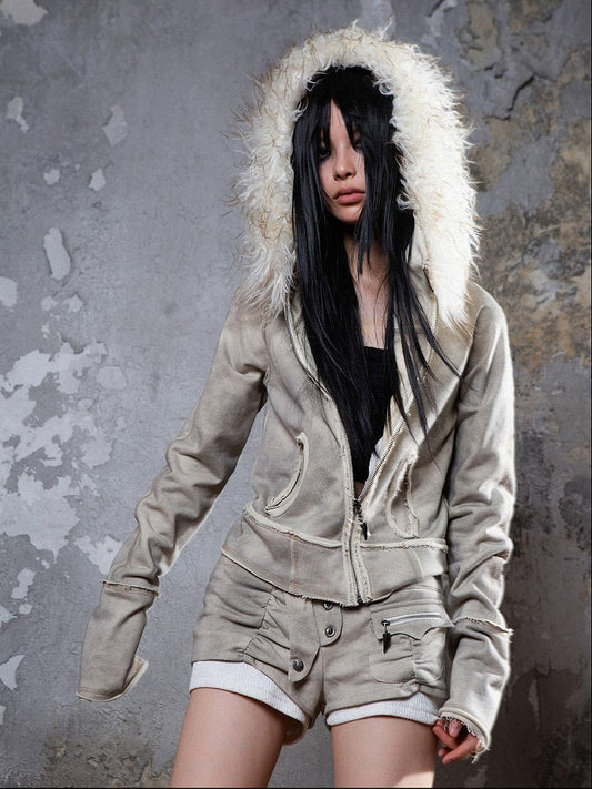Punk Collar Cotton Fur Grayish Jacket Apricot Distressed Faux with Detachable Hoodie Lining/Regular