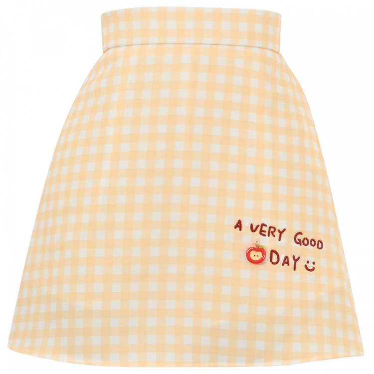 ホワイトハイウエストレタープリントイエロー＆チェック柄スカート