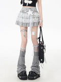 Rock Grau/Schwarz Elastische Taille Stern Applikationen Spitze Trim Tiered Strick Licht