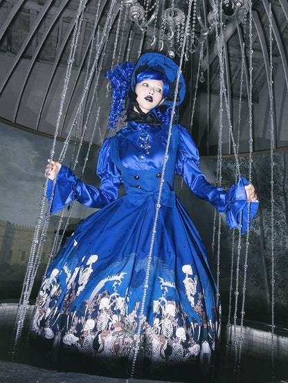 Blue Skeleton Cross Print Under Bust Gothic Lolita Dress with Black Lace Trim - NnSTAR