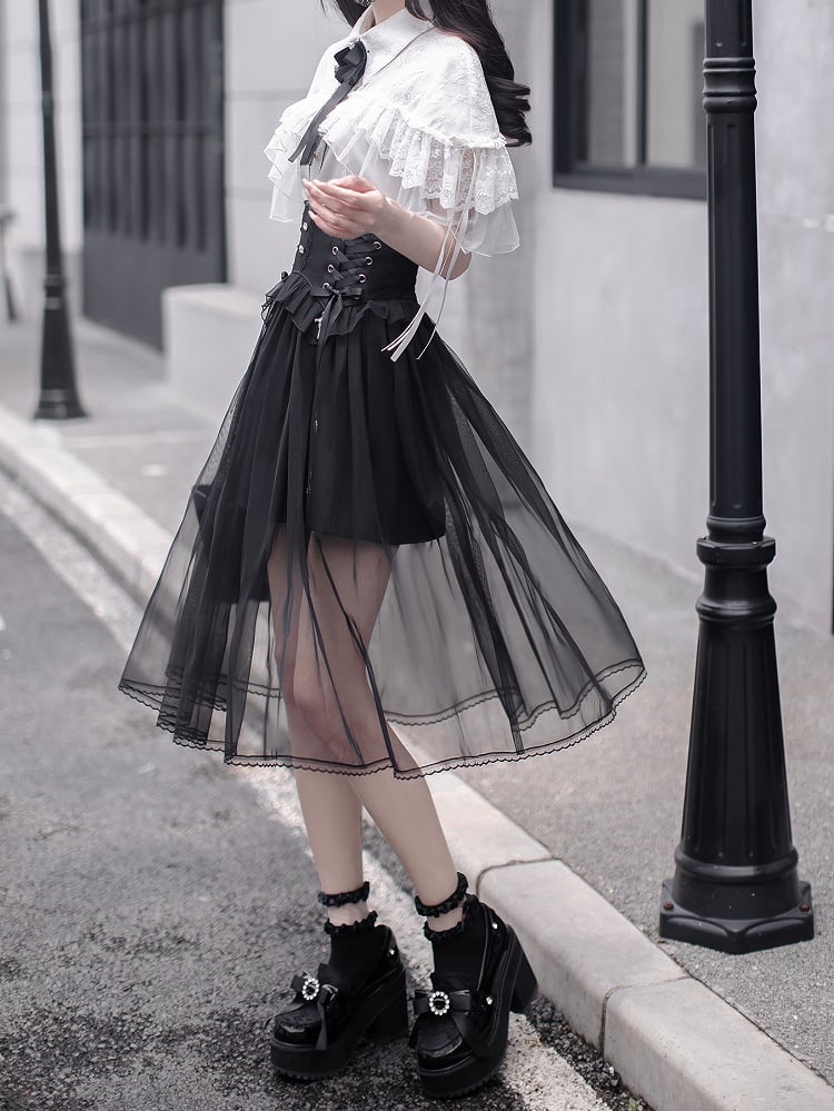 Black Lace-up High Waist Skirt Jirai Kei Style with Mesh Overlay