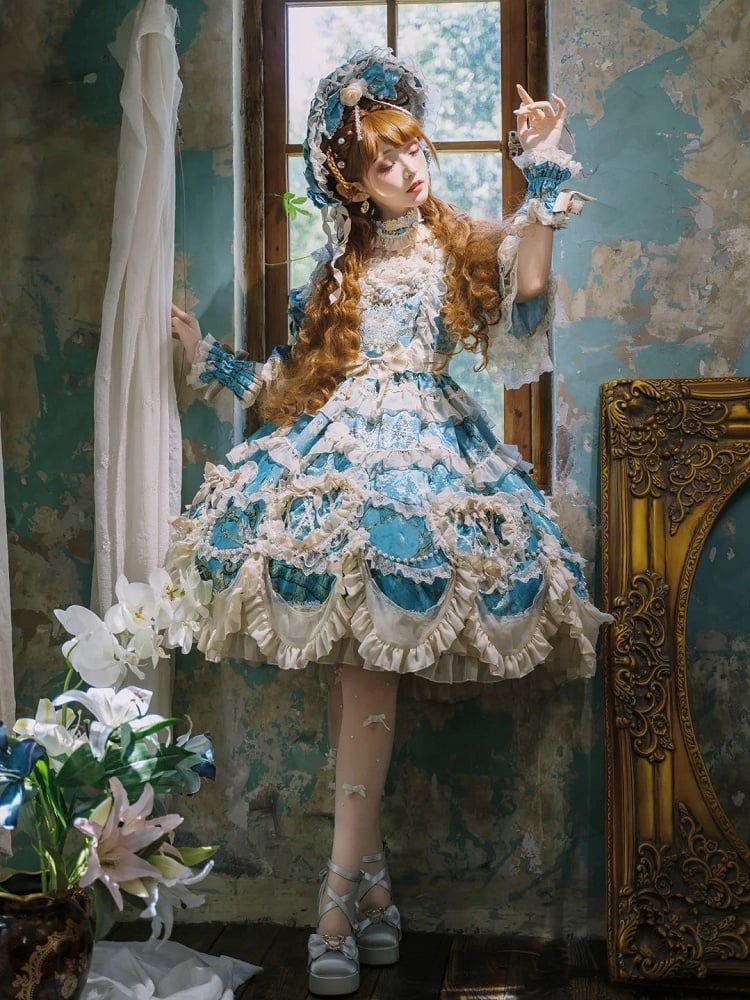 Floral Blue Edge with Hem Lolita Dress Print Scalloped Hime Lace