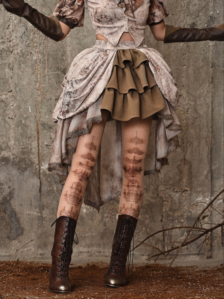 High-Low-Rock aus Jacquard mit Batikmuster und Rüschenbesatz