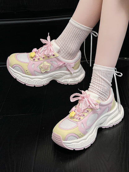 in Platform Pink Lolita Design Bow Plaid Lace-up Star Sweet Details Sneakers Yellow And
