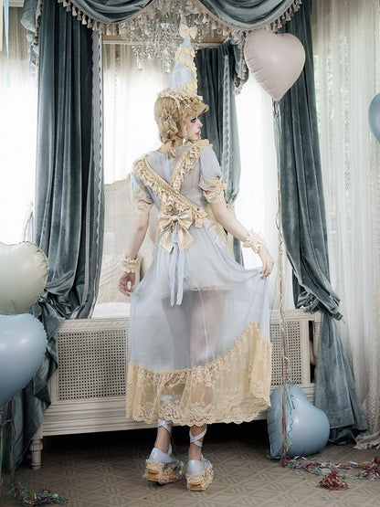 Antique-Inspired Baby Blue Sheer Tulle Dress with Apricot Lace Details - Blood Supply