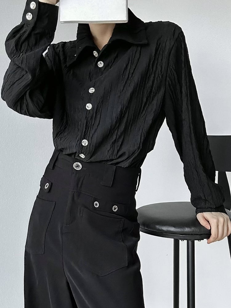 Lolita Shirt with Long Cuffs Sleeve Mandarin Textured Black Ouji Collar Button