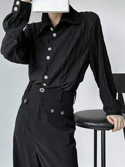Lolita Shirt with Long Cuffs Sleeve Mandarin Textured Black Ouji Collar Button