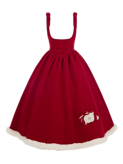 Red Boned Winter Embroidery Plush Apple and Dress Waist Hemline Under with Lolita Bust