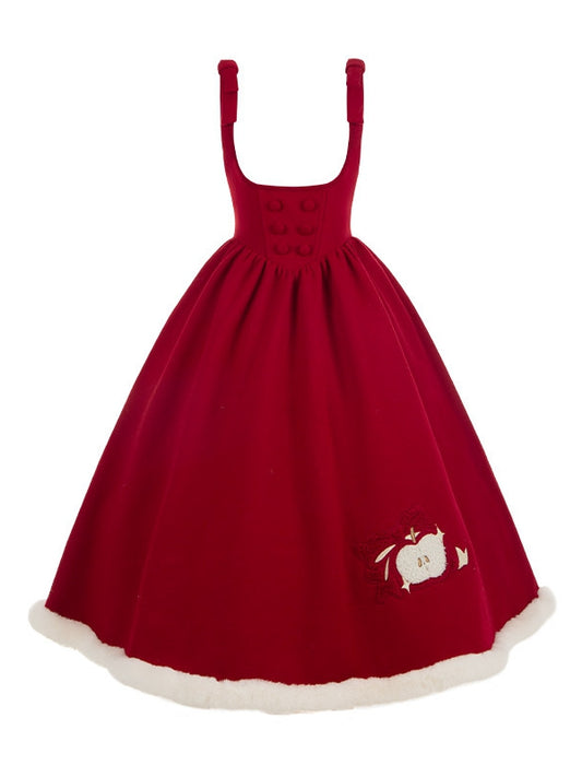 Red Boned Winter Embroidery Plush Apple and Dress Waist Hemline Under with Lolita Bust